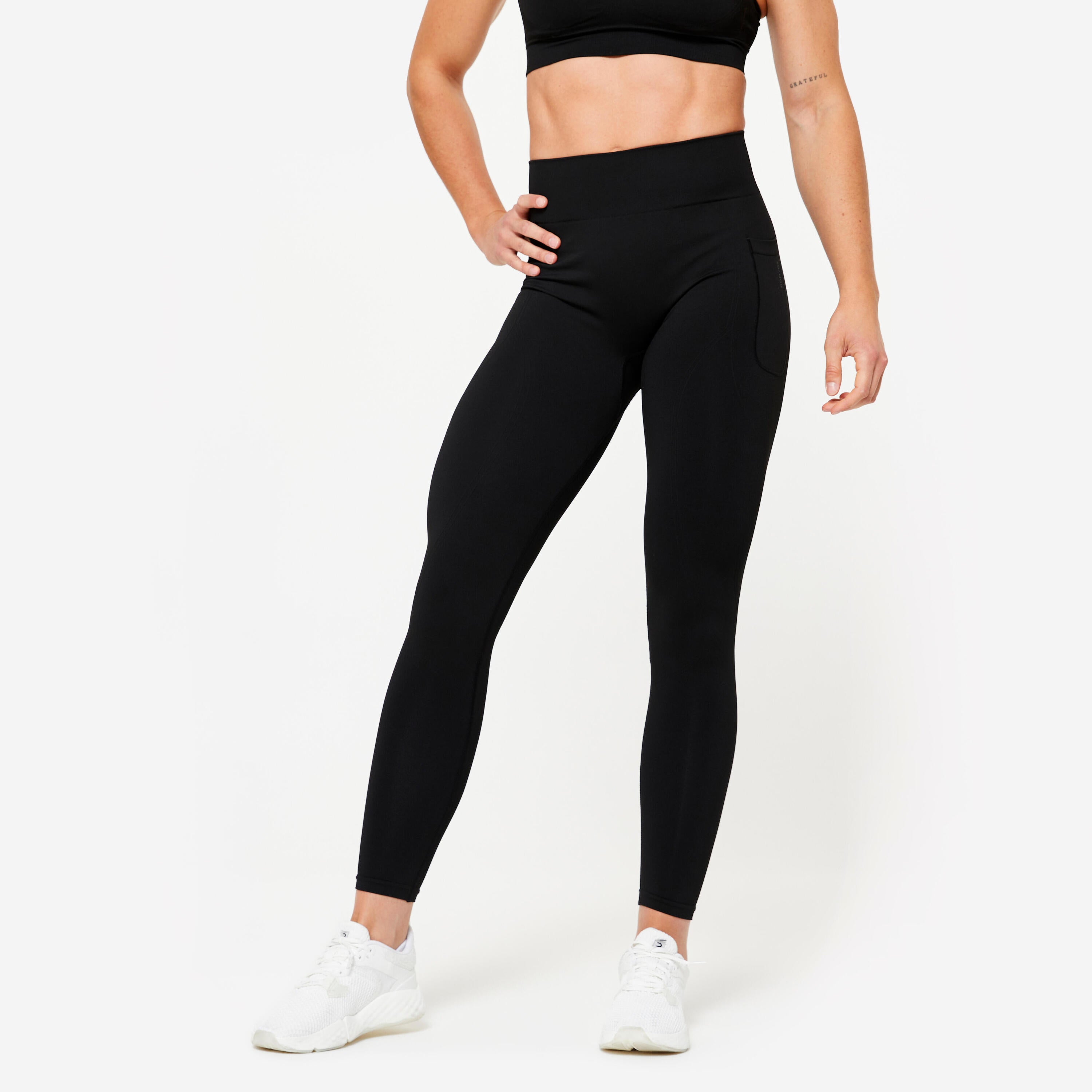 Legging taille haute gainant fitness cardio femme noir